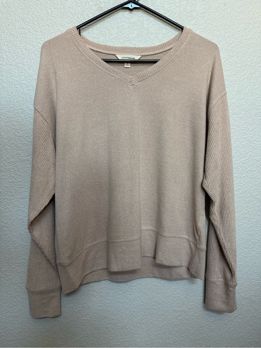 Lucky Brand Soft Knit Ribbed V Neck Sweater Women’s S Oatmeal